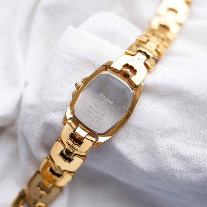 Pulsar by Seiko Tank Watch: Vintage Ladies 80s Golden with White Roman Dial