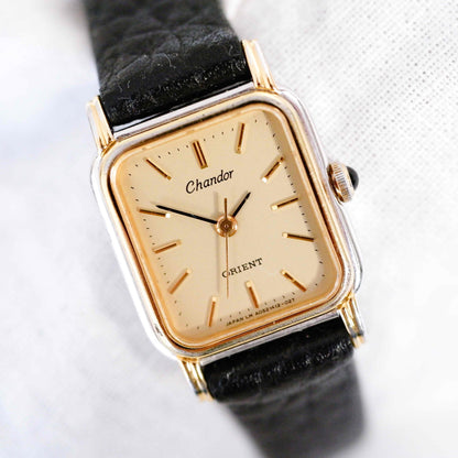 Orient Chandor Watch: Ladies 90s Golden Two Tone Classic Rectangular Style