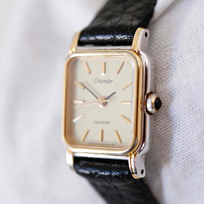 Orient Chandor Watch: Ladies 90s Golden Two Tone Classic Rectangular Style