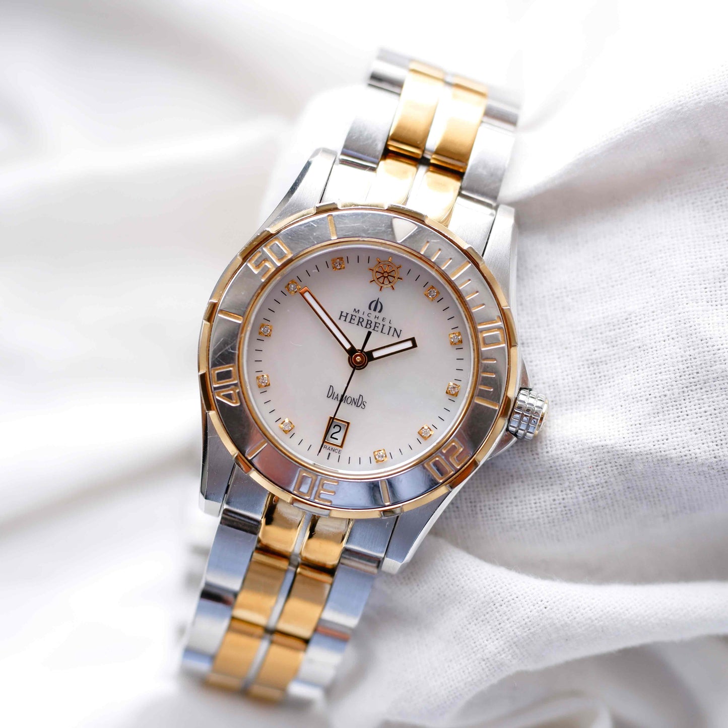 Michel Herbelin Newport: Vintage Ladies 00s Gold Two-Tone Diamond Mother of Pearl Dial