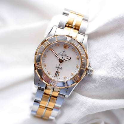 Michel Herbelin Newport: Vintage Ladies 00s Gold Two-Tone Diamond Mother of Pearl Dial