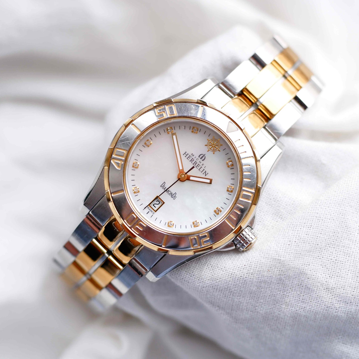 Michel Herbelin Newport: Vintage Ladies 00s Gold Two-Tone Diamond Mother of Pearl Dial