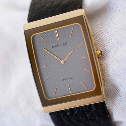 Seiko Lassale Watch: Vintage Ladies 80s Gold Rectangular with Gray Guilloche Dial