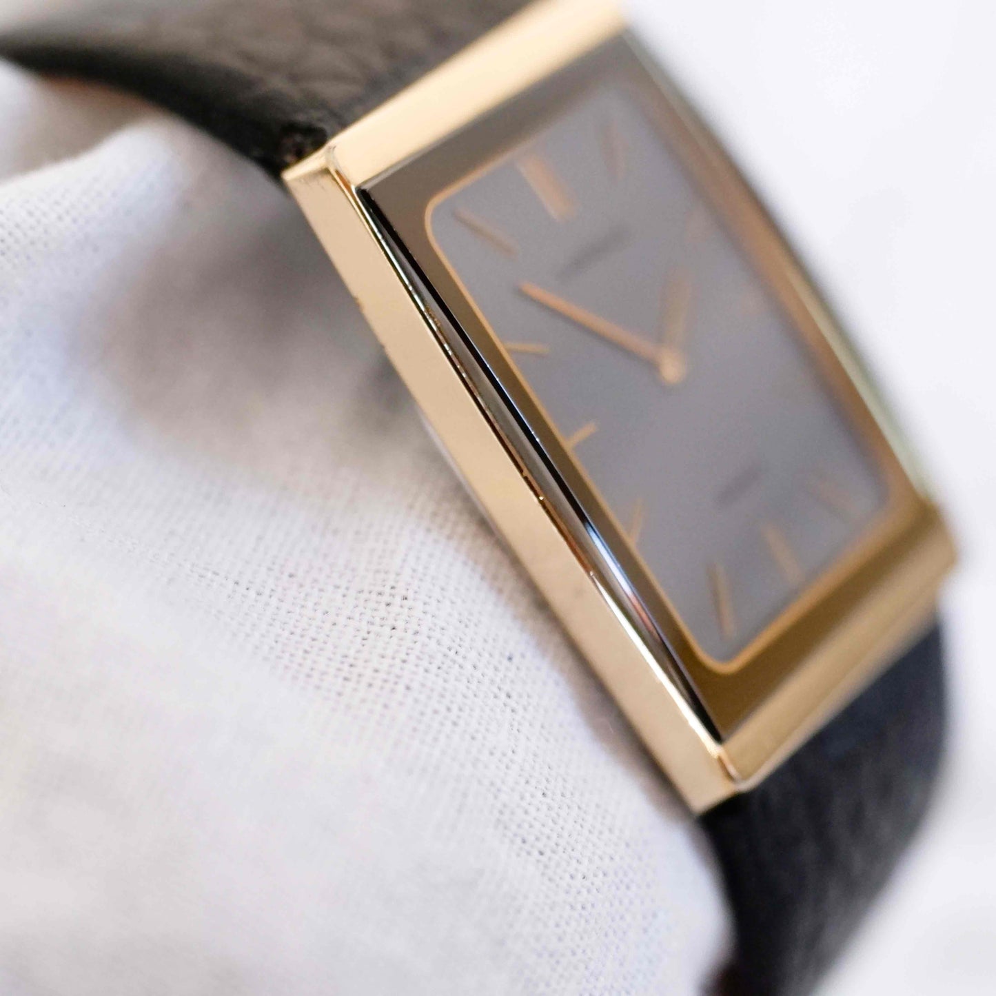 Seiko Lassale Watch: Vintage Ladies 80s Gold Rectangular with Gray Guilloche Dial