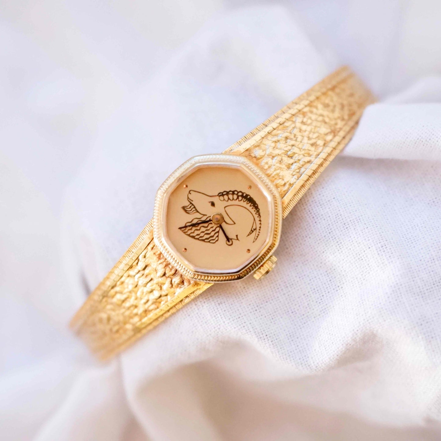 Zodiac Sign Capricorn Watch : Ladies 70s Gold Swiss Made Mechanical White Dial