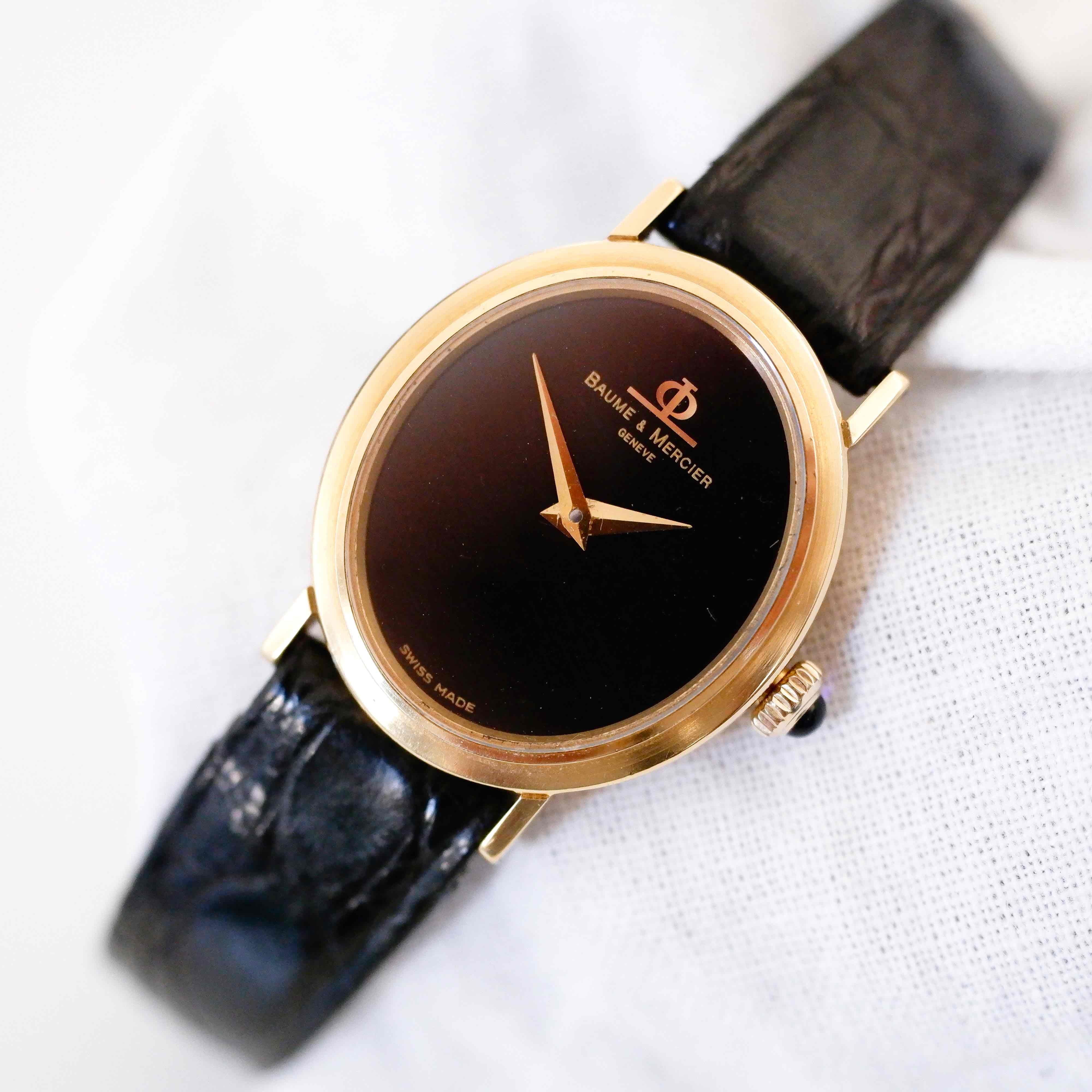 Baume & Mercier Ellipse: 18k Gold Vintage Ladies Watch Black Dial