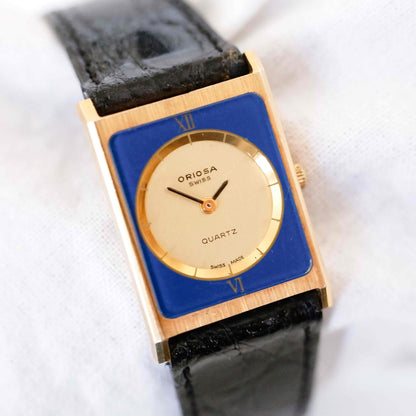 Oriosa Vintage Watch: Ladies 80s Golden, Rectangular with Roman Numerals Blue Dial