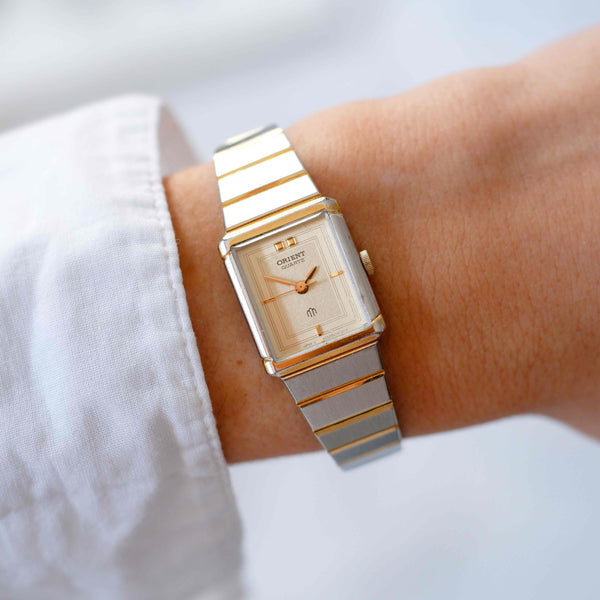 Orient Classic Rectangular Reverse Orient Vintage Watch: Ladies 80s Golden Two Tone Classic Rectangular ...