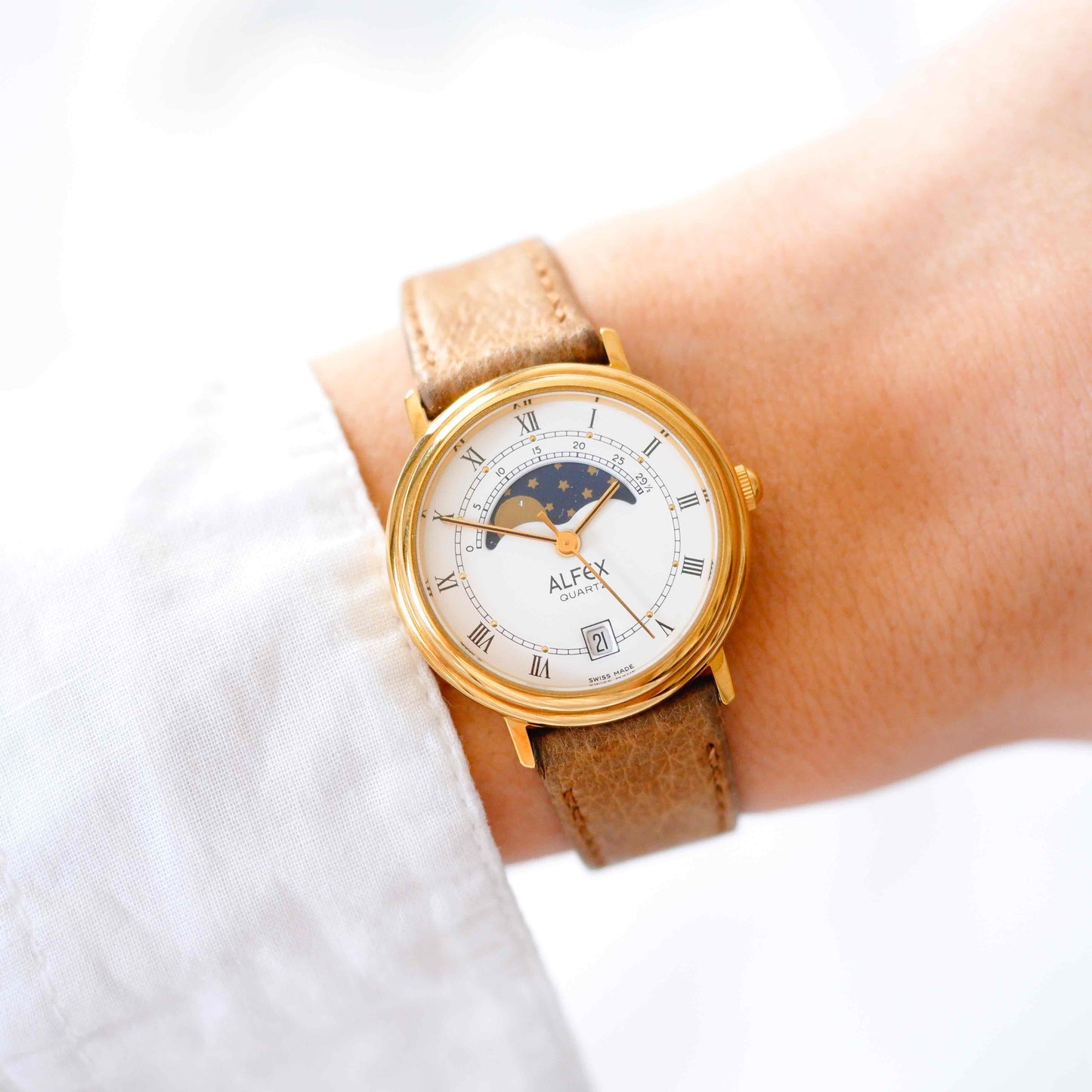 Alfex Vintage Watch: Ladies 80s Gold Roman Numerals Moon Phase - NOS