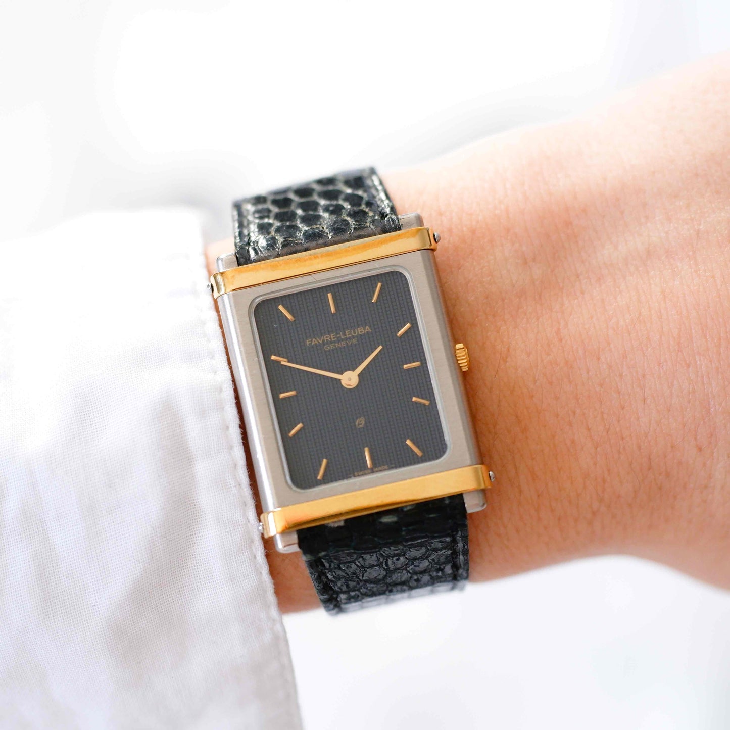 Favre Leuba Watch: Vintage Ladies 80s Two-Tone Rectangular Style with Blue Dial