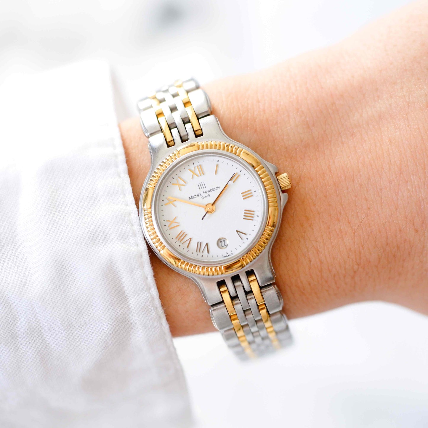 Michel Herbelin Watch: Vintage Ladies 90s Golden Two Tone Classic with Roman Numerals