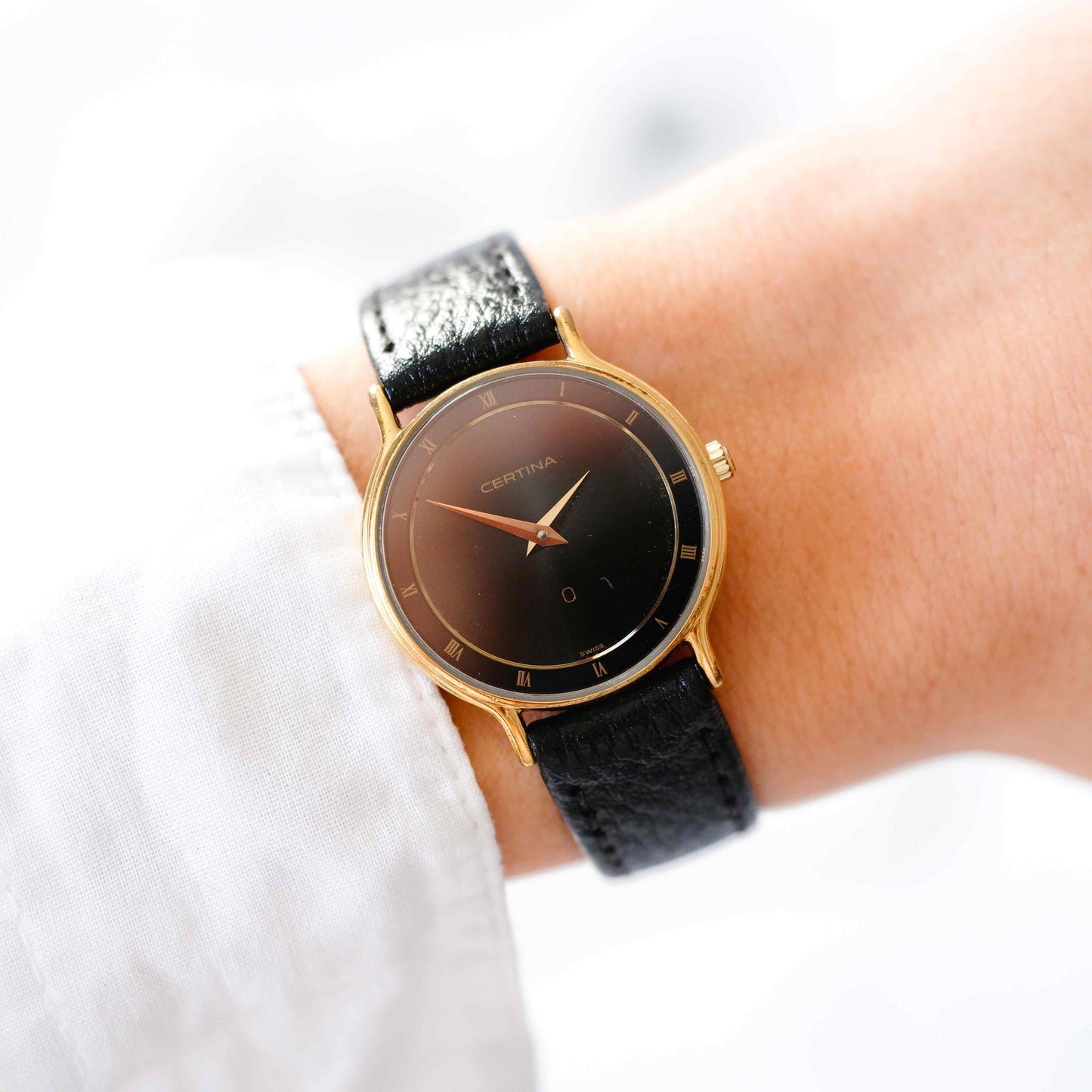 Certina Vintage Watch: Ladies 90s Gold, Black Dial and Roman Numerals