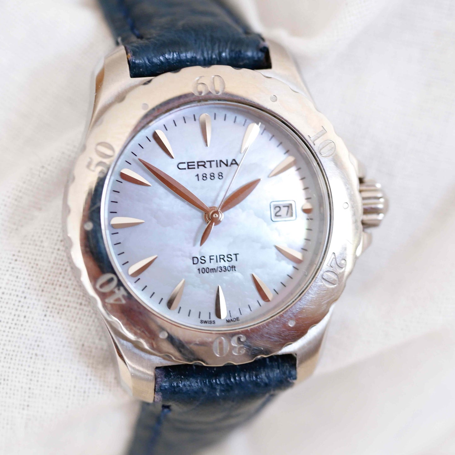 DS Certina DS1 Vintage Ladies Watch: 2000s Silver Classic, Mother of Pearl Dial | First Slight Angled Side
