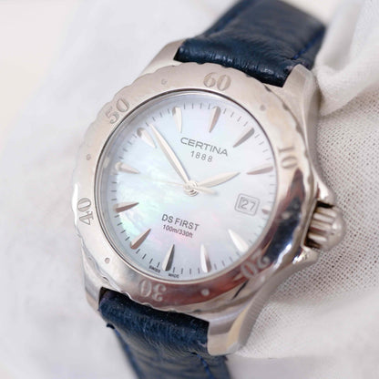 DS Certina DS1 Vintage Ladies Watch: 2000s Silver Classic, Mother of Pearl Dial | Second Slight Angled Side