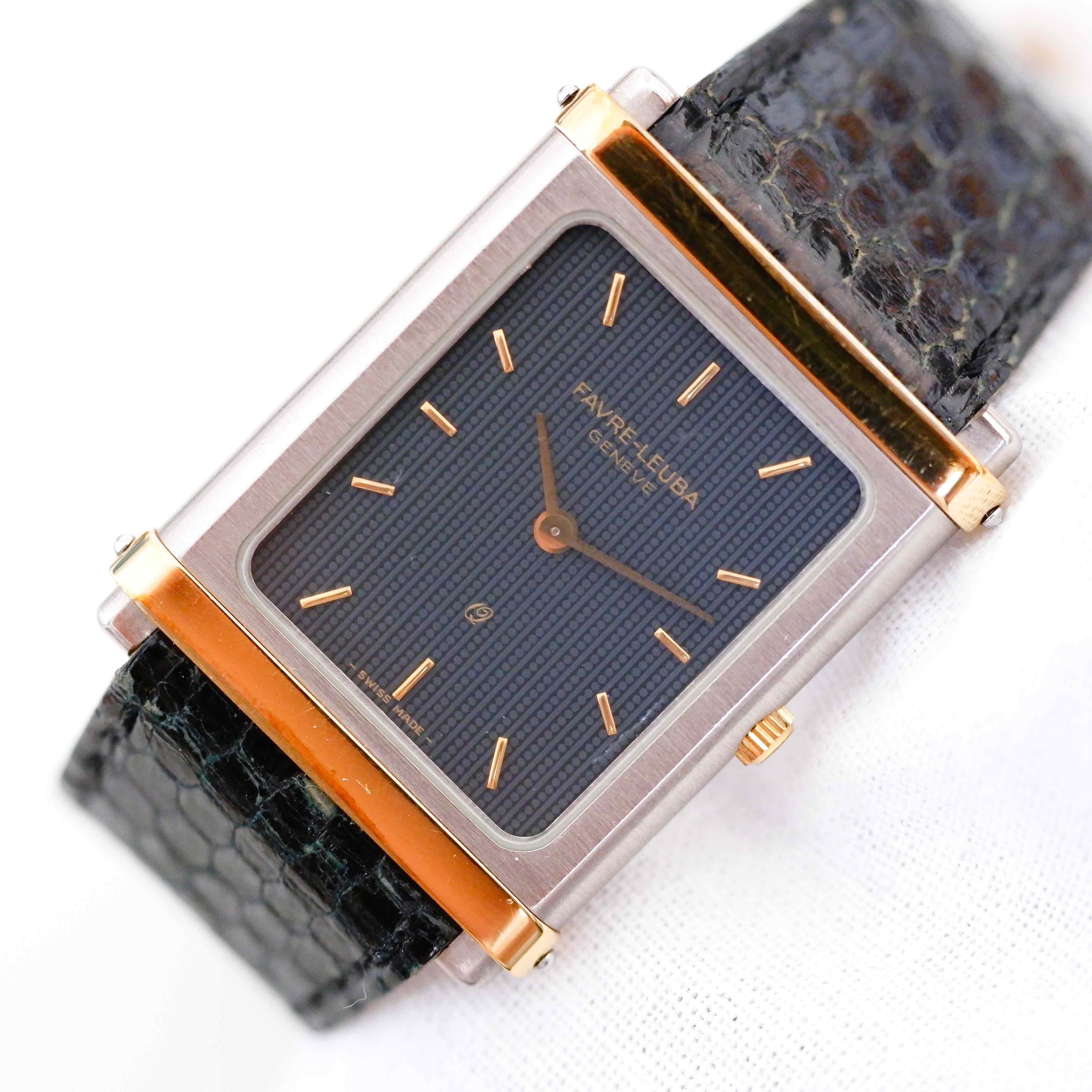 Favre Leuba Vintage Ladies Watch 80s Two Tone Rectangular Blue Dial Times Treasure