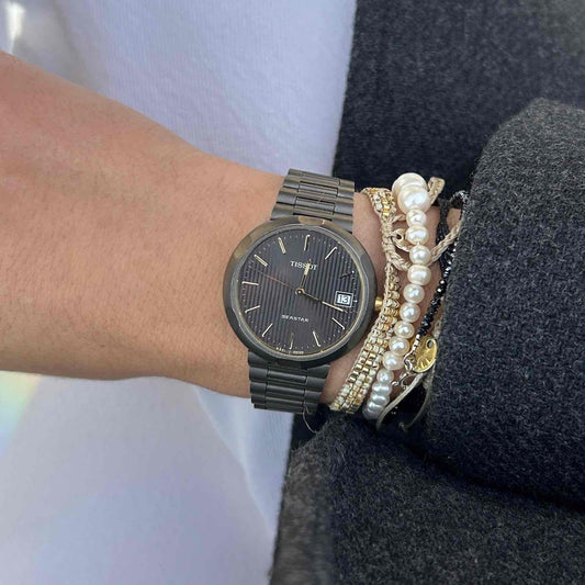 Tissot Seastar Watch: Vintage Ladies 90s Soft-Black Coated Structured Dial