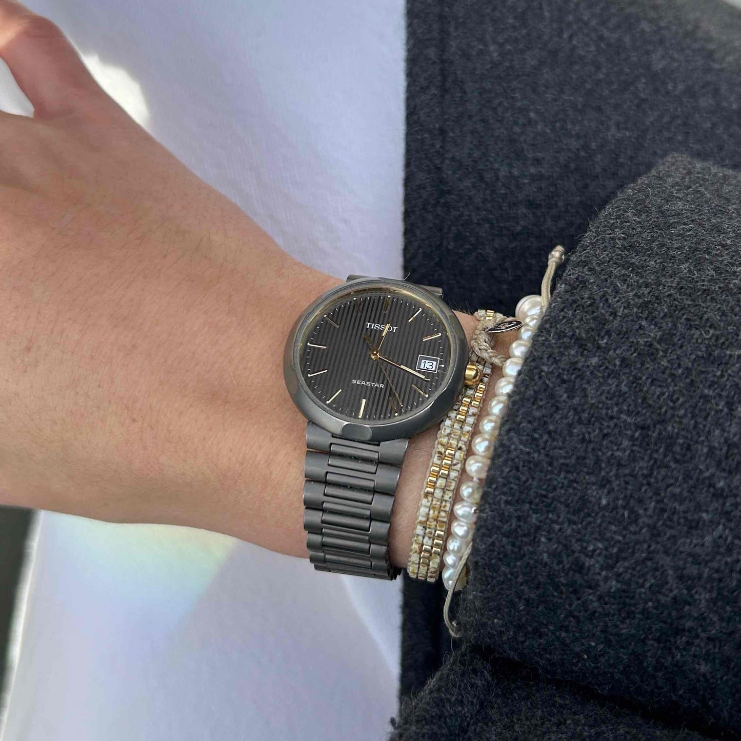 Tissot Seastar Watch: Vintage Ladies 90s Soft-Black Coated Structured Dial