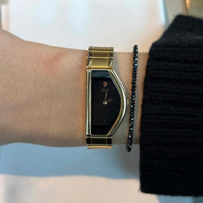 Seiko Half Moon: Vintage Cocktail Watch 90s Golden Black Stella Dial - NOS