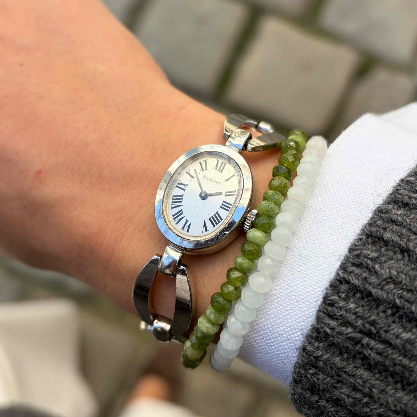 Dugena Ellipse Watch: Vintage Ladies Cocktail Style 70s Elegant Silver Roman Dial