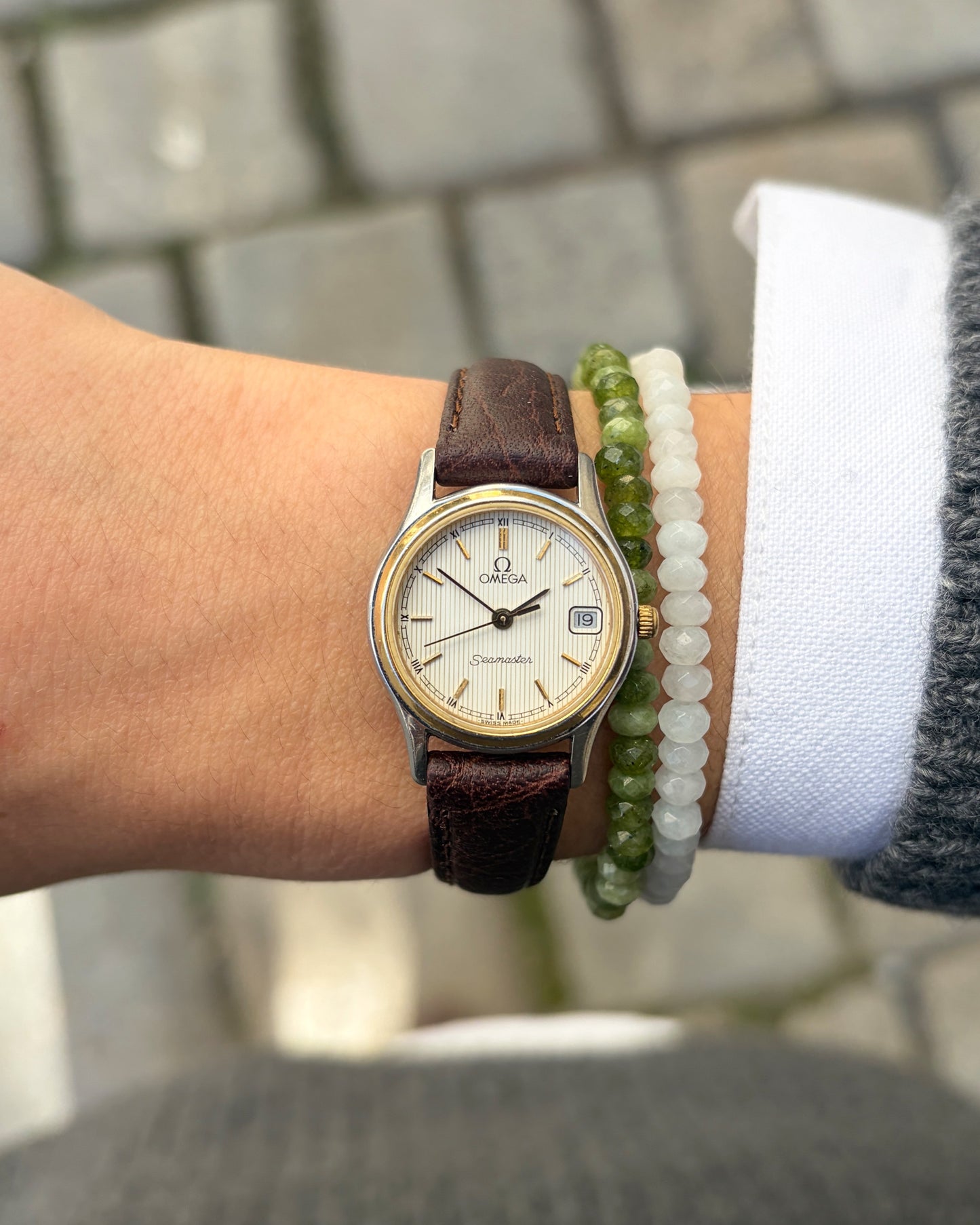 Omega Seamaster Watch: Vintage Ladies 90s Two-Tone White Structured Dial