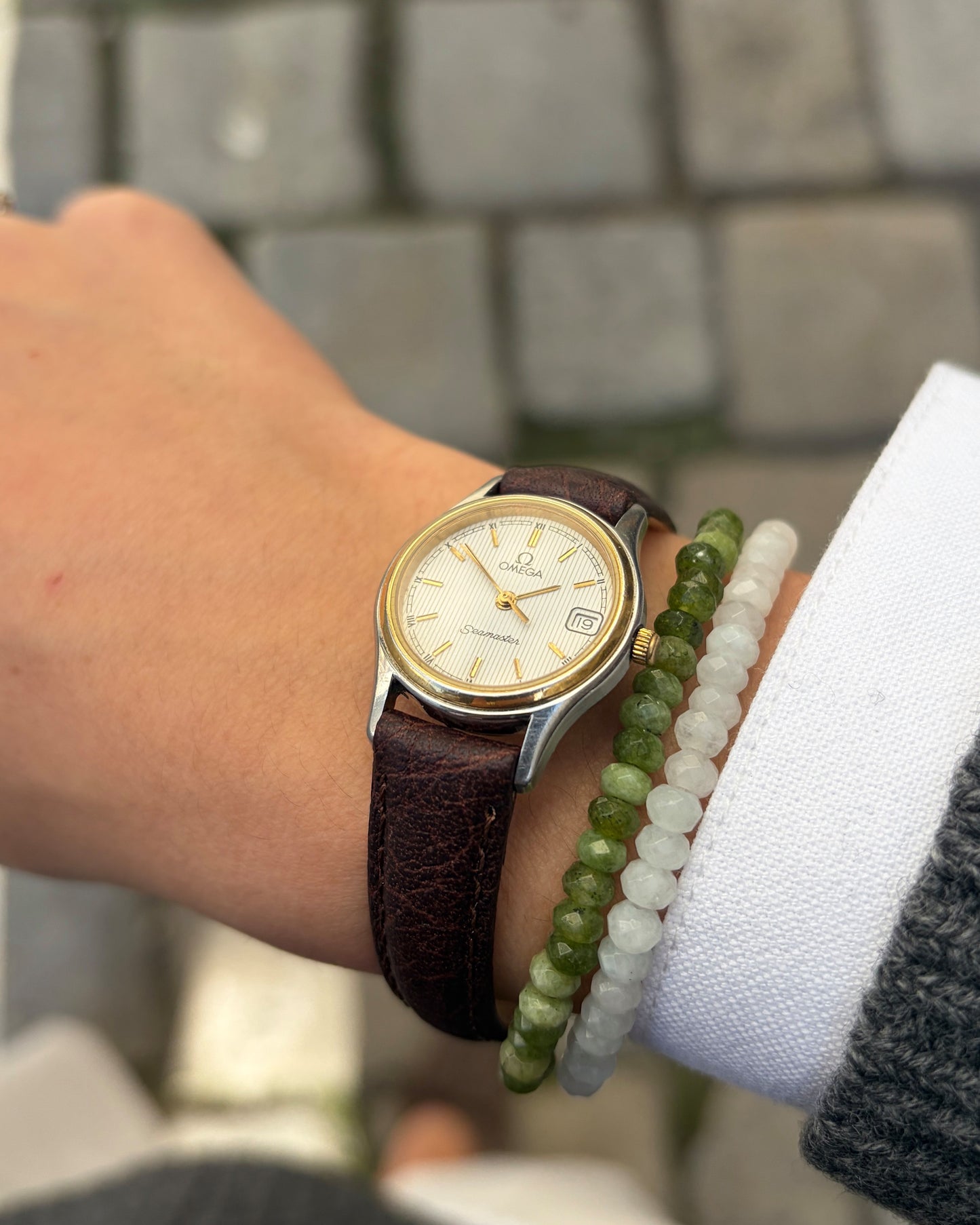 Omega Seamaster Watch: Vintage Ladies 90s Two-Tone White Structured Dial