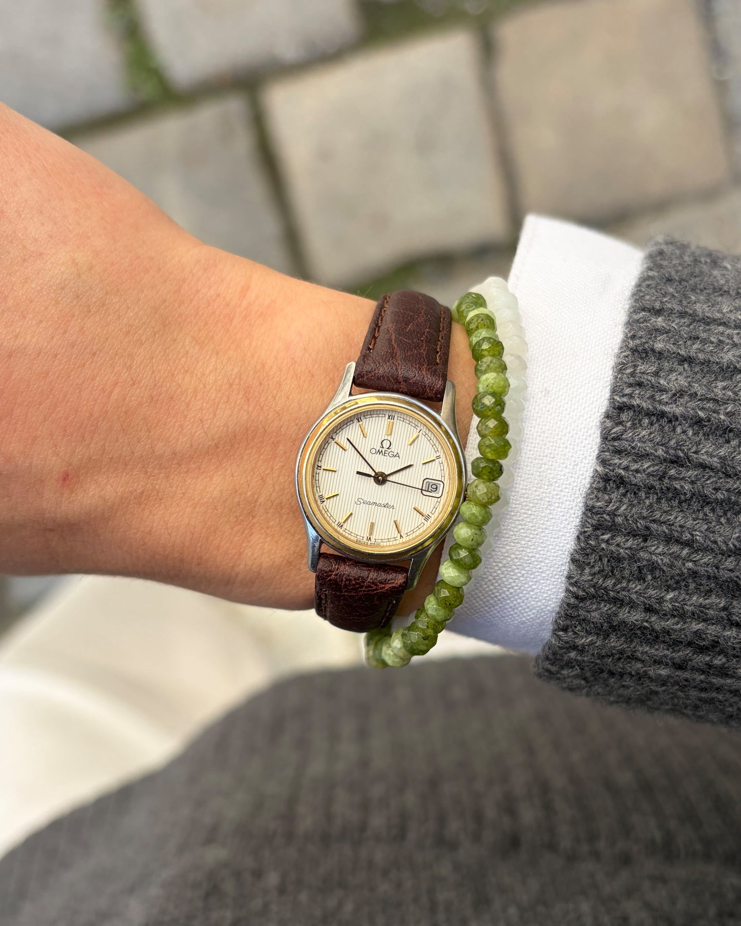 Omega Seamaster Watch: Vintage Ladies 90s Two-Tone White Structured Dial