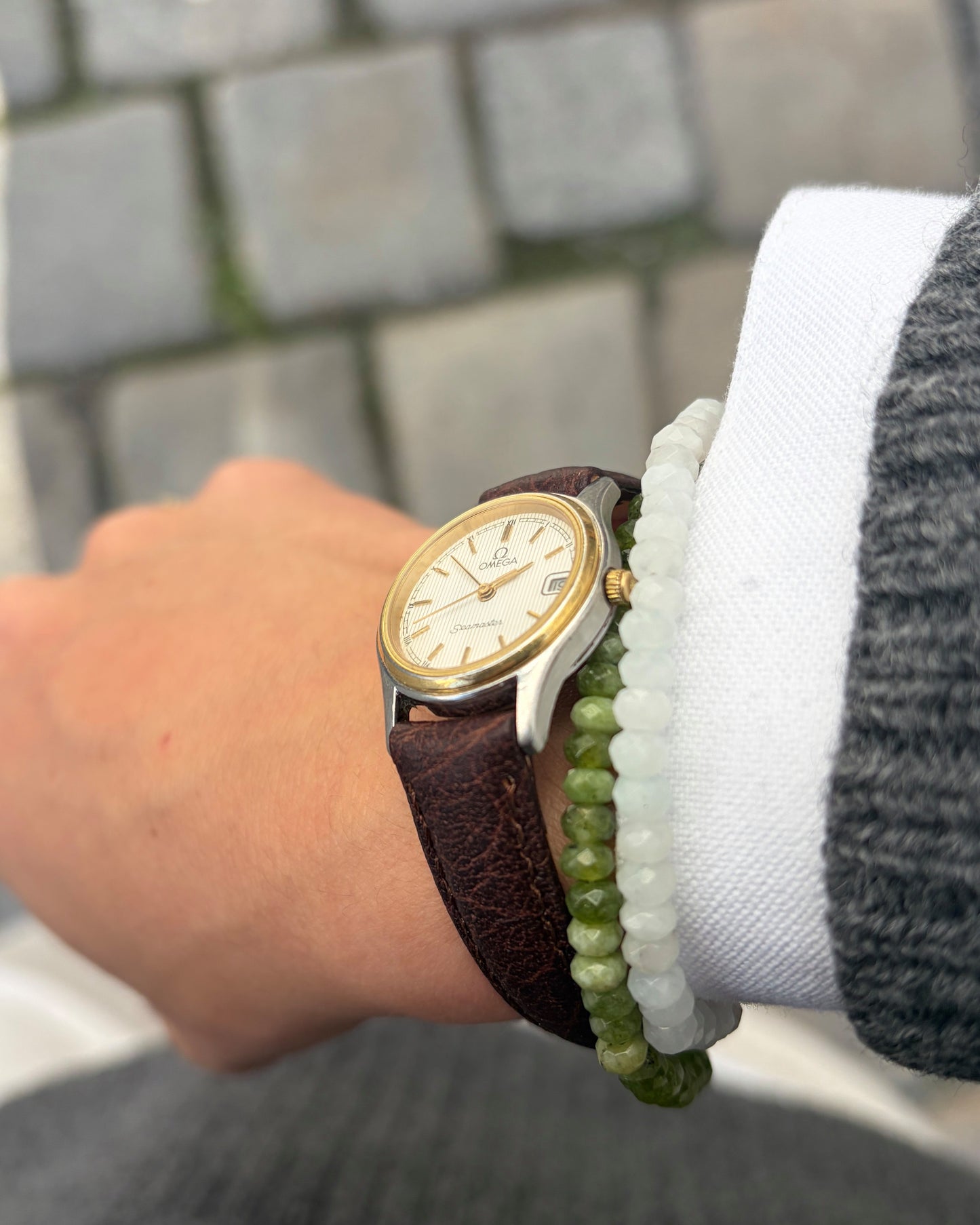 Omega Seamaster Watch: Vintage Ladies 90s Two-Tone White Structured Dial