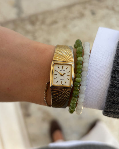 Pulsar by Seiko Cocktail Watch: Vintage Ladies 80s Gold Frozen White Dial