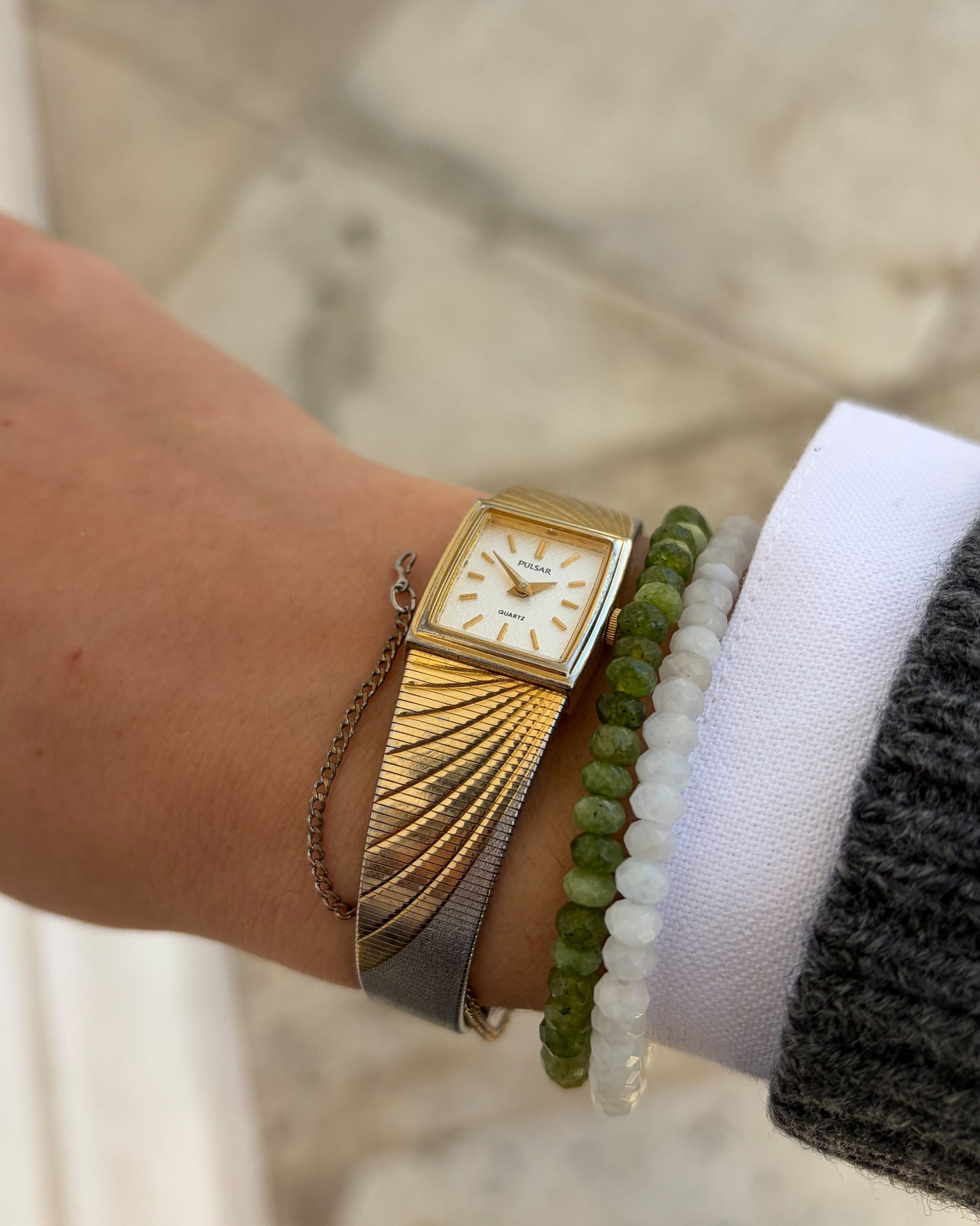 Pulsar by Seiko Cocktail Watch: Vintage Ladies 80s Gold Frozen White Dial