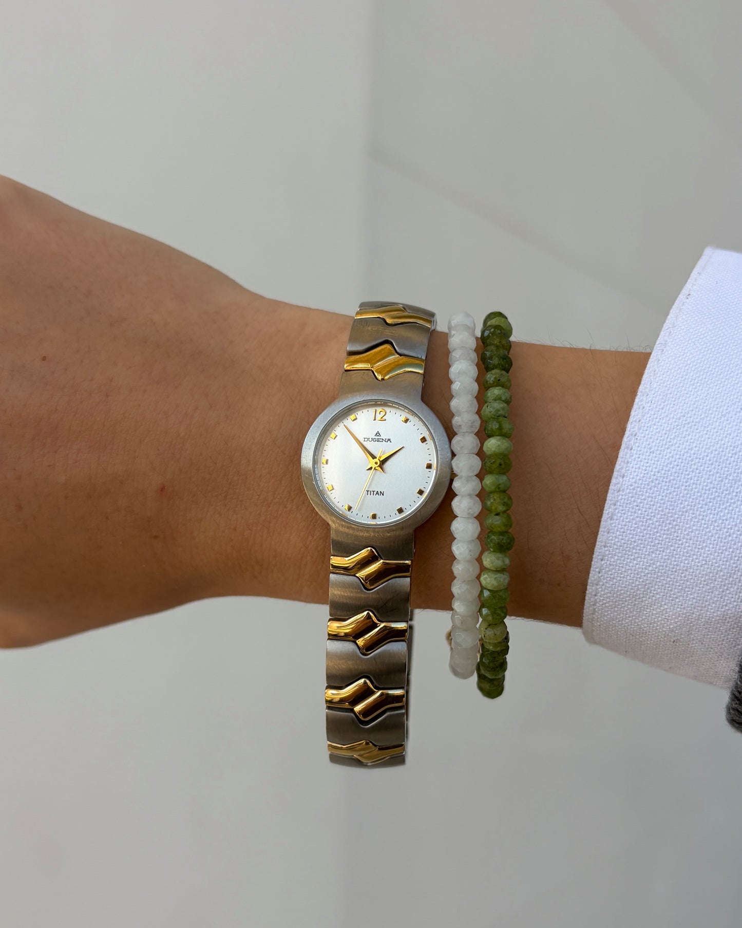 Dugena Titan Watch: Ladies Dainty 90s Two-Tone with Silver White Dial - NOS