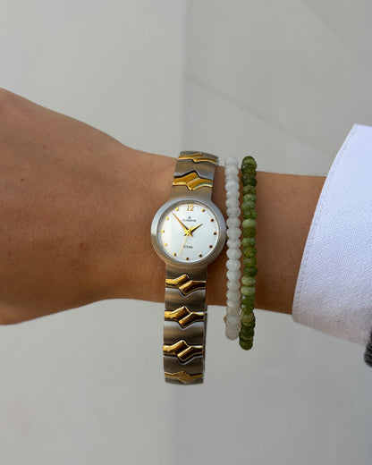 Dugena Titan Watch: Ladies Dainty 90s Two-Tone with Silver White Dial - NOS