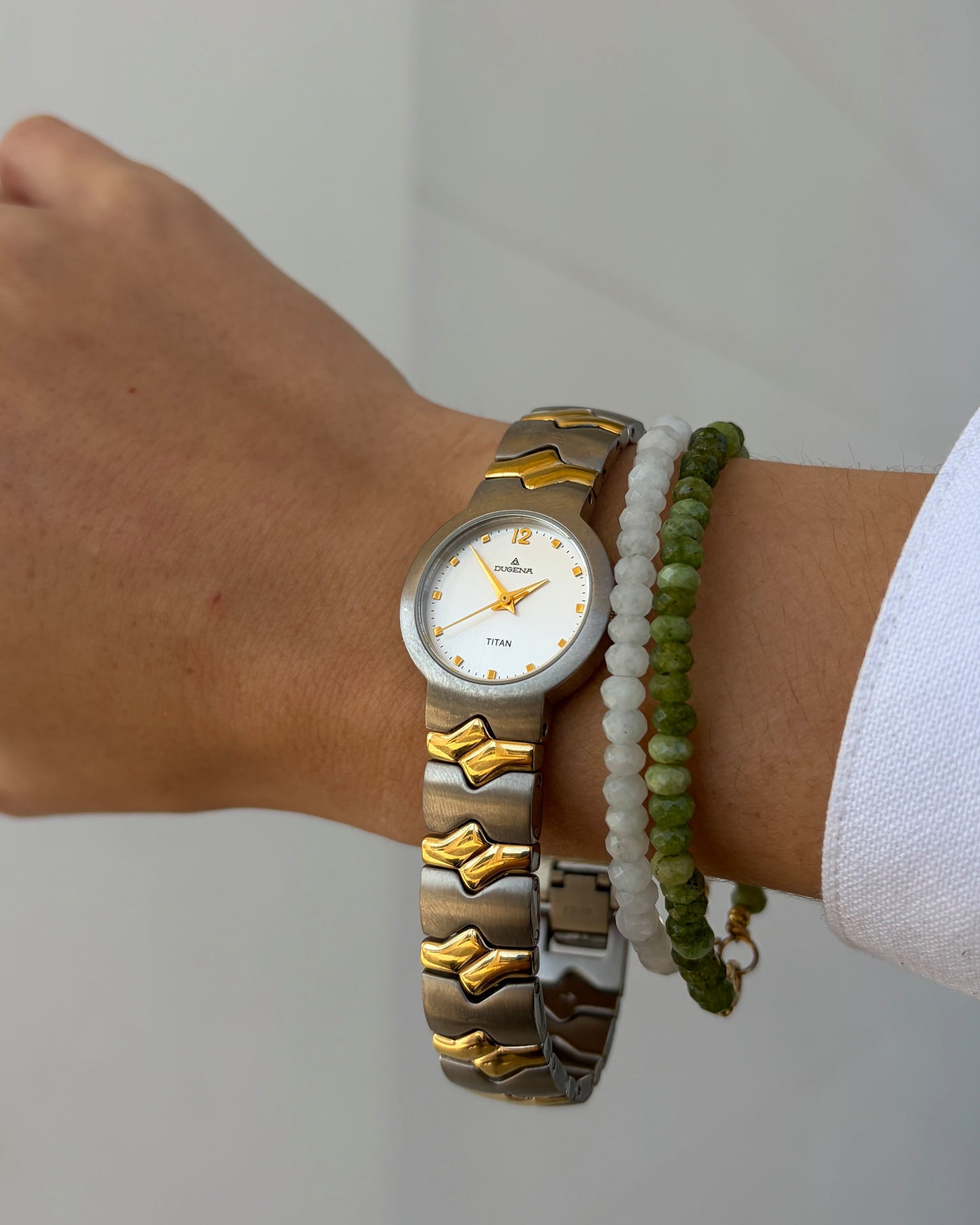 Dugena Titan Watch: Ladies Dainty 90s Two-Tone with Silver White Dial - NOS