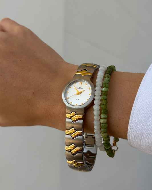 Dugena Titan Watch: Ladies Dainty 90s Two-Tone with Silver White Dial - NOS