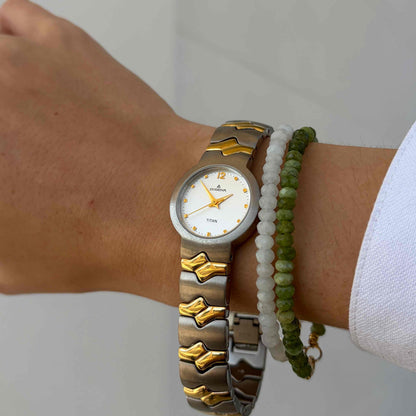 Dugena Titan Watch: Ladies Dainty 90s Two-Tone with Silver White Dial - NOS
