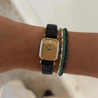 Seiko Vintage Tank: Ladies Watch 80s Two-Tone Golden Dial Cabochon Crown