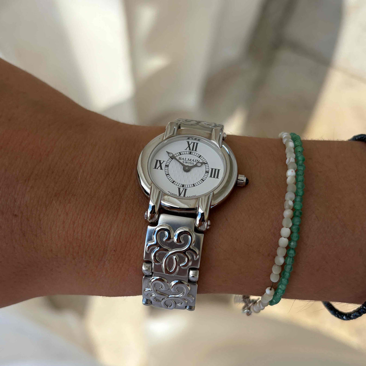 Balmain Ladies Watch: Vintage 90s Cabochon Crown White Roman Dial - NOS