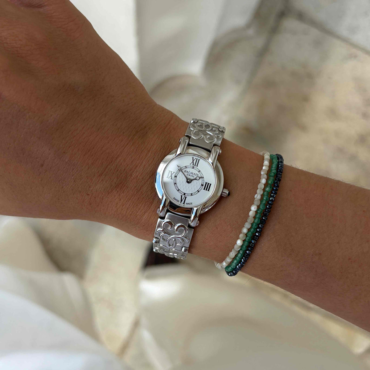 Balmain Ladies Watch: Vintage 90s Cabochon Crown White Roman Dial - NOS
