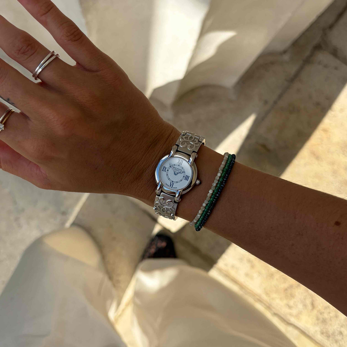 Balmain Ladies Watch: Vintage 90s Cabochon Crown White Roman Dial - NOS
