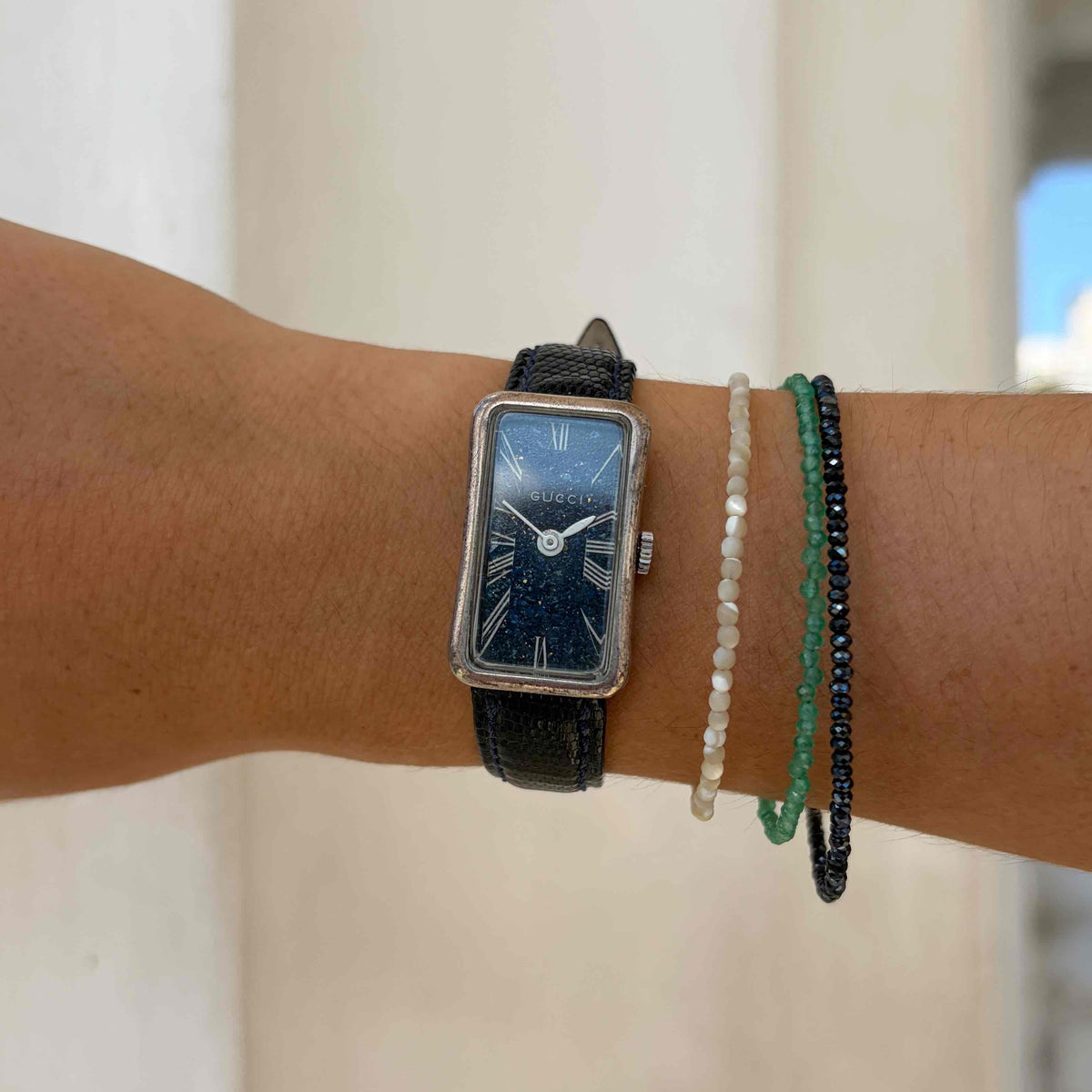 Vintage Gucci 842: Ladies Tank Watch 70s Solid Silver Sparkling Blue Stone Dial