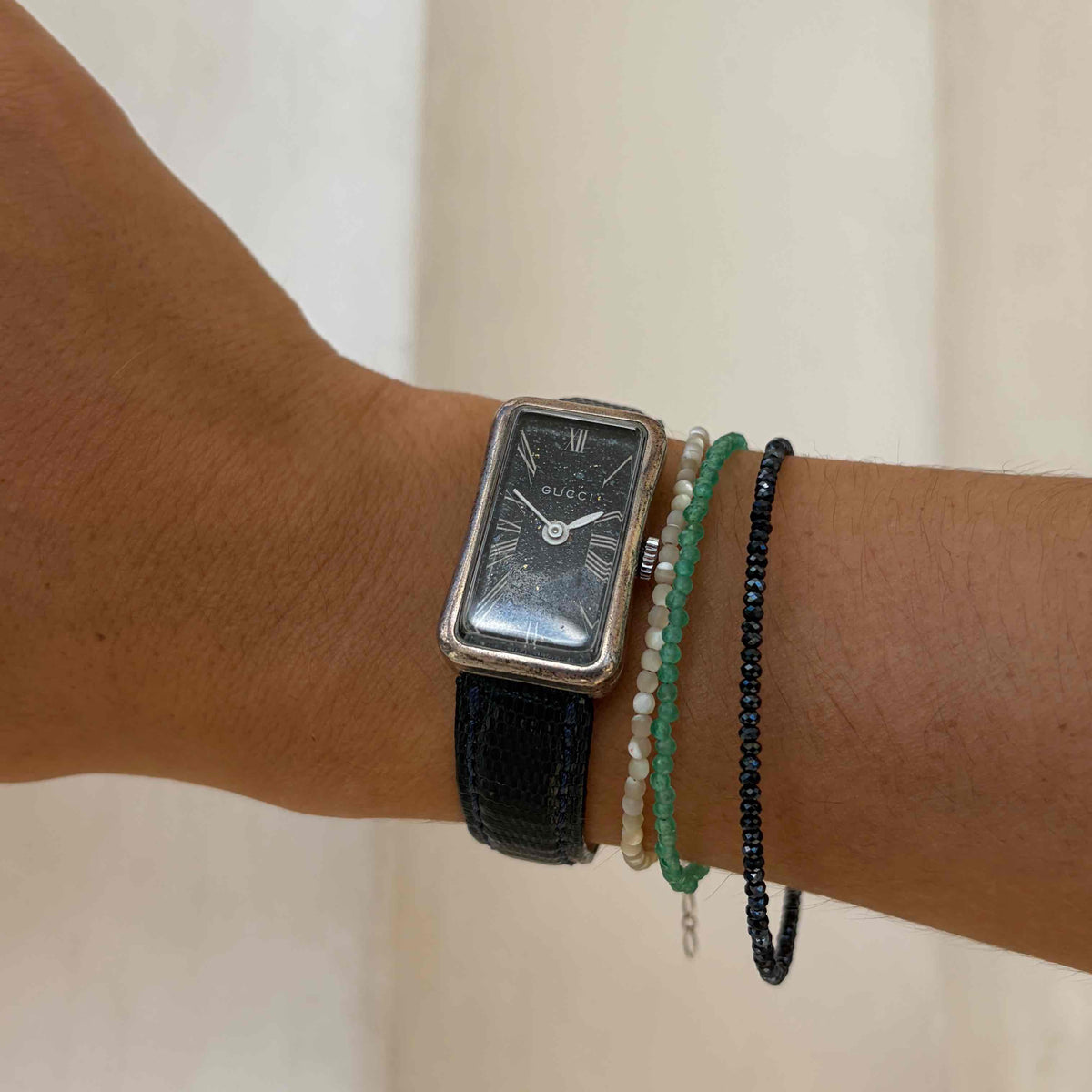Vintage Gucci 842: Ladies Tank Watch 70s Solid Silver Sparkling Blue Stone Dial