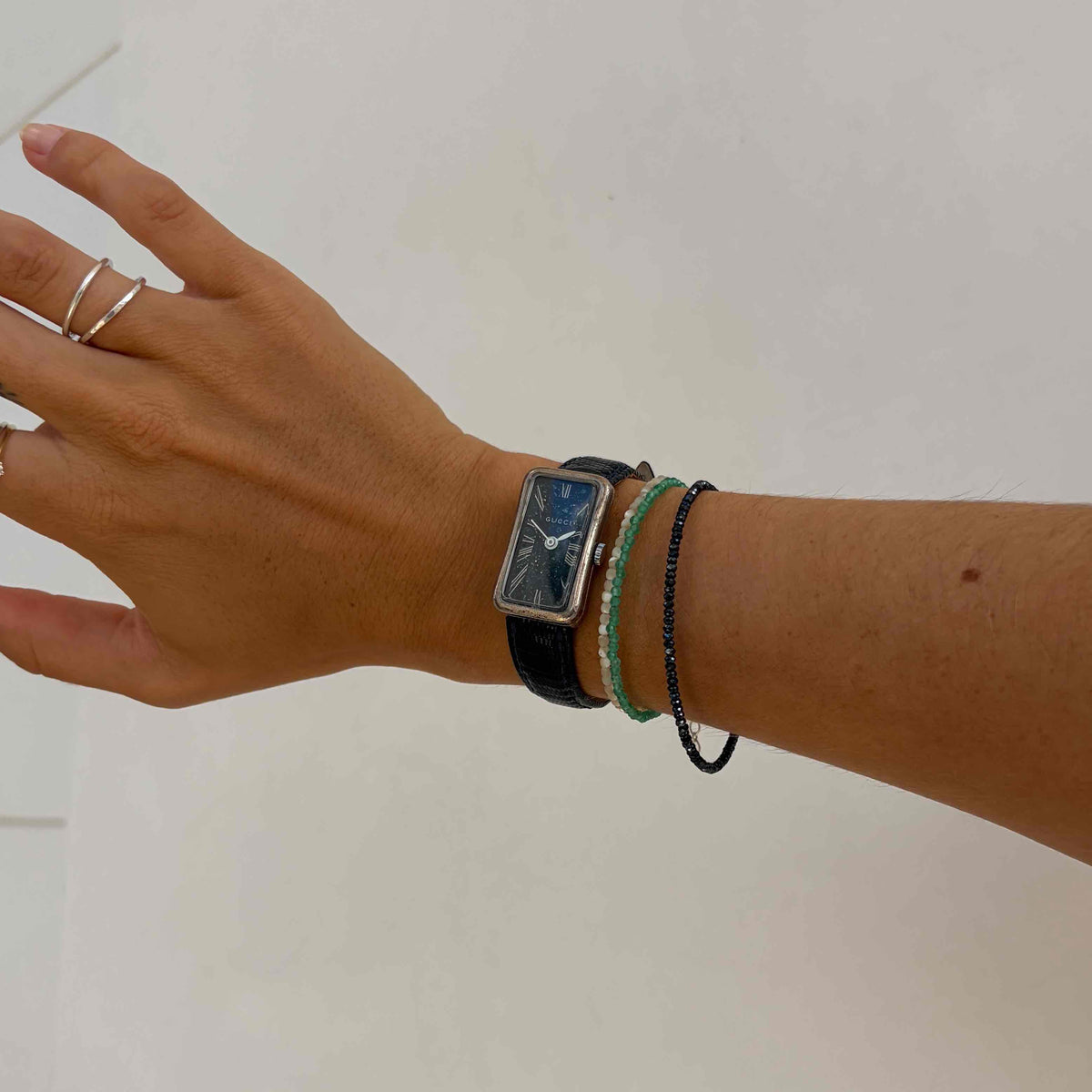 Vintage Gucci 842: Ladies Tank Watch 70s Solid Silver Sparkling Blue Stone Dial