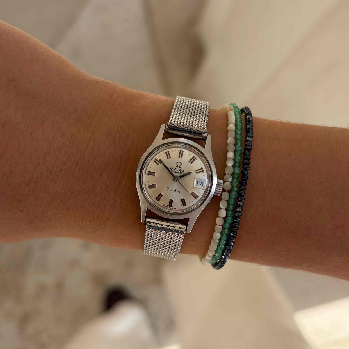 Omega Geneve Dainty: Ladies 70s Silver Automatic Sunburst Dial with Box