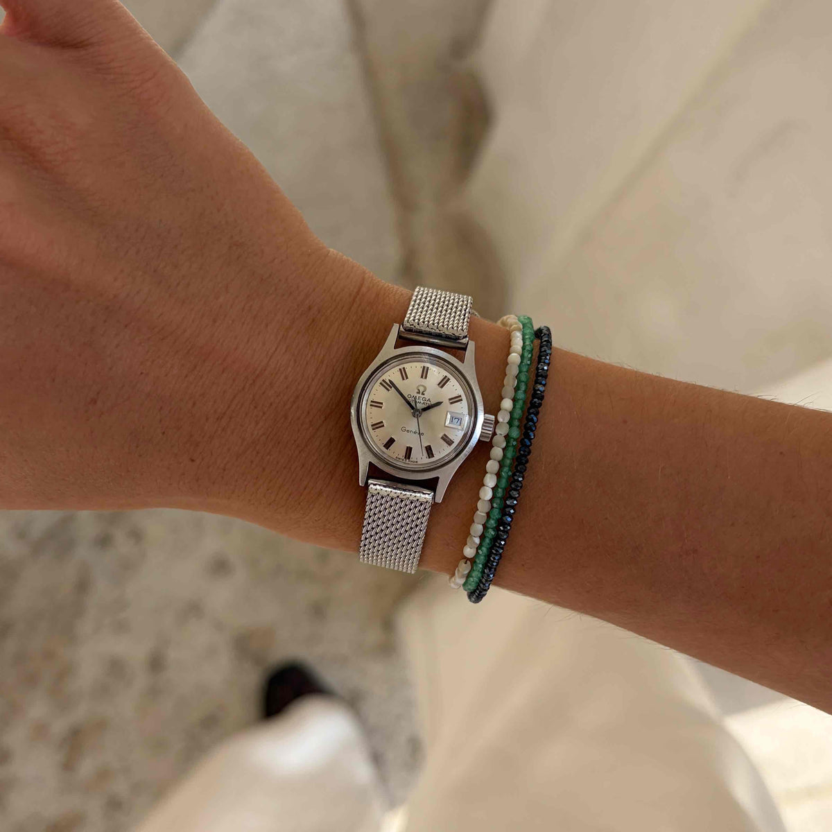 Omega Geneve Dainty: Ladies 70s Silver Automatic Sunburst Dial with Box