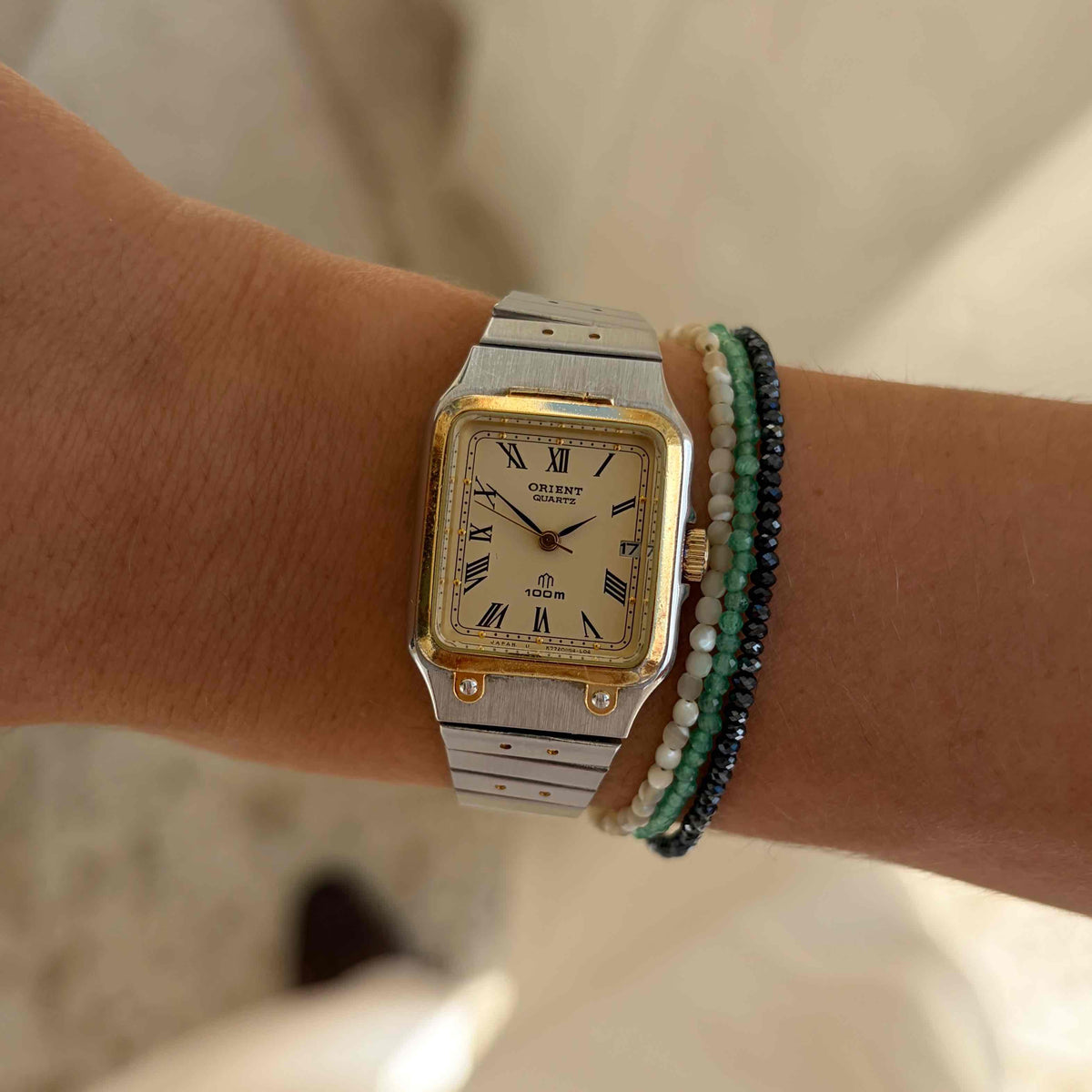 Orient Tank Watch: Ladies Vintage 80s Champagne Dial Two-Tone Bracelet