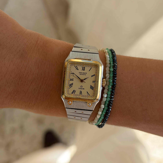 Orient Tank Watch: Ladies Vintage 80s Champagne Dial Two-Tone Bracelet