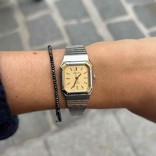 Orient Vintage Watch: Ladies 80s Golden Two Tone Rectangular Style
