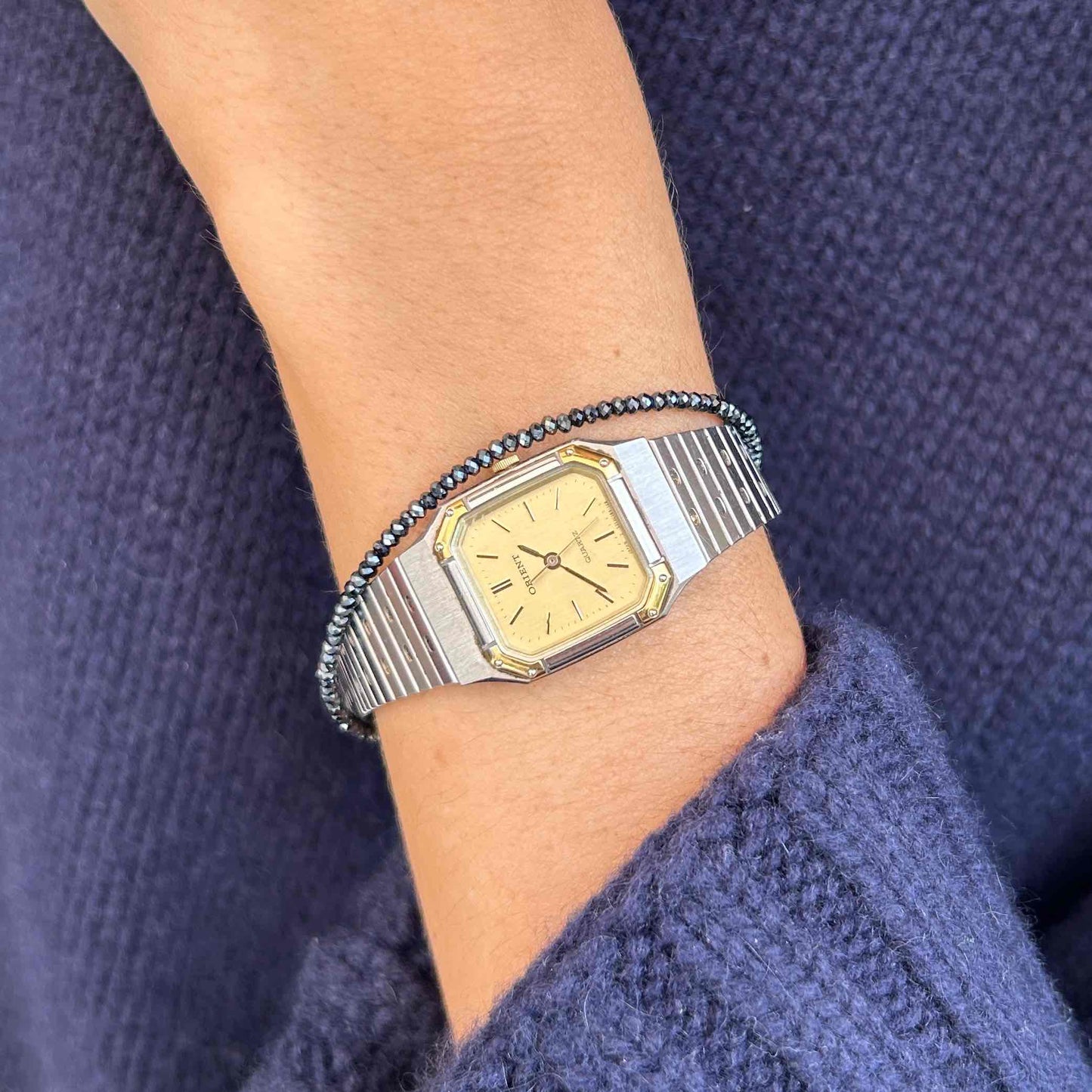 Orient Vintage Watch: Ladies 80s Golden Two Tone Rectangular Style