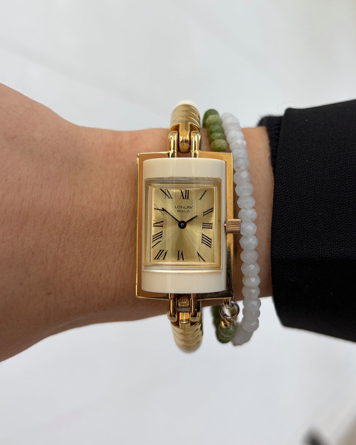Lonlay Bangle Watch: Vintage Ladies 70s Golden Mechanical with Sunburst Gold Dial