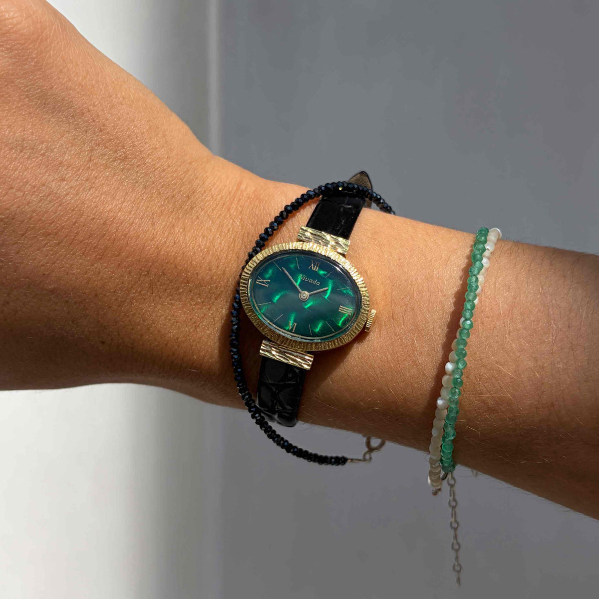 Nivada Dainty Watch: Ladies 70s Golden Emerald Dial Mechanical