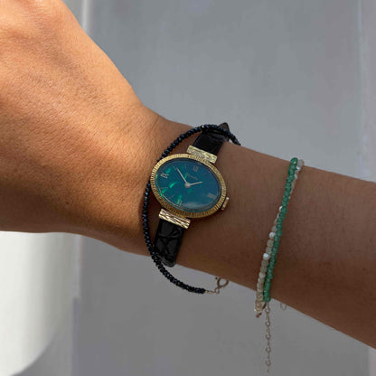 Nivada Dainty Watch: Ladies 70s Golden Emerald Dial Mechanical